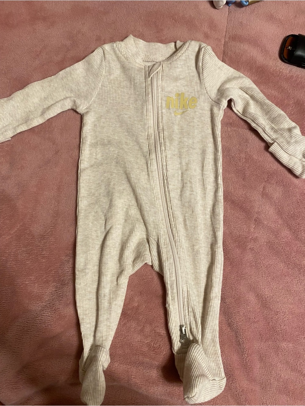 Nike Cream Ribbed Footed One-Piece with Yellow Logo